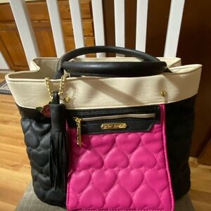 Betsy Johnson Quilted Heart Tote Bag in Black, Hot Pink & Cream - Designer Style